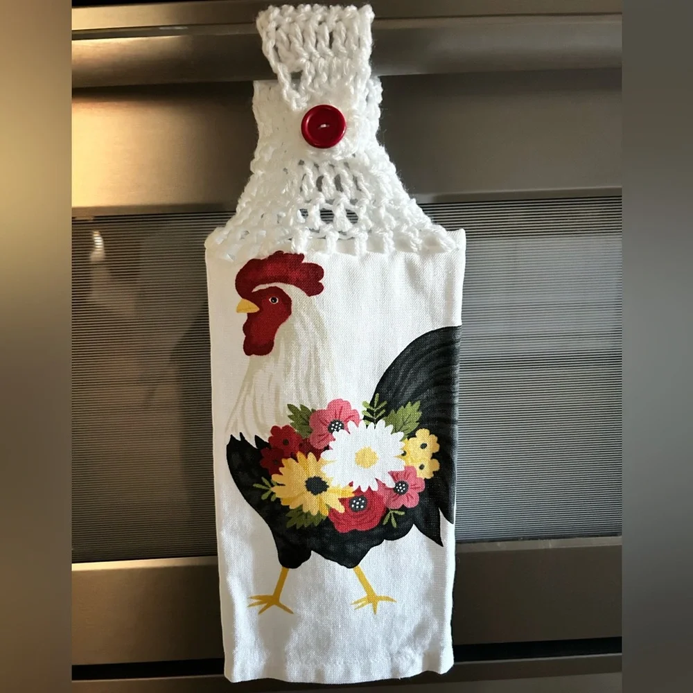 Hand Crafted Farmhouse Rooster Hanging Kitchen Hand Towel with Red Button